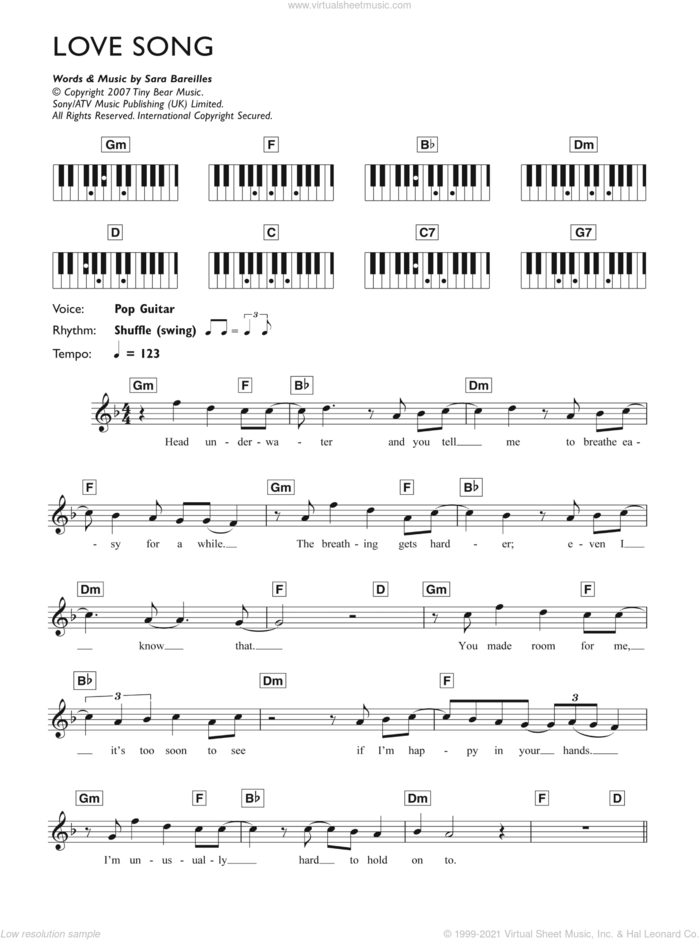 Love Song sheet music for piano solo (chords, lyrics, melody) by Sara Bareilles, intermediate piano (chords, lyrics, melody)