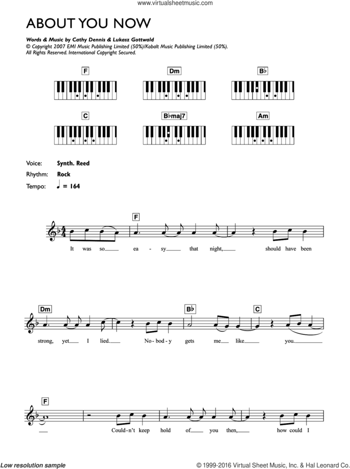 About You Now sheet music for piano solo (chords, lyrics, melody) by Sugababes, Cathy Dennis and Lukasz Gottwald, intermediate piano (chords, lyrics, melody)