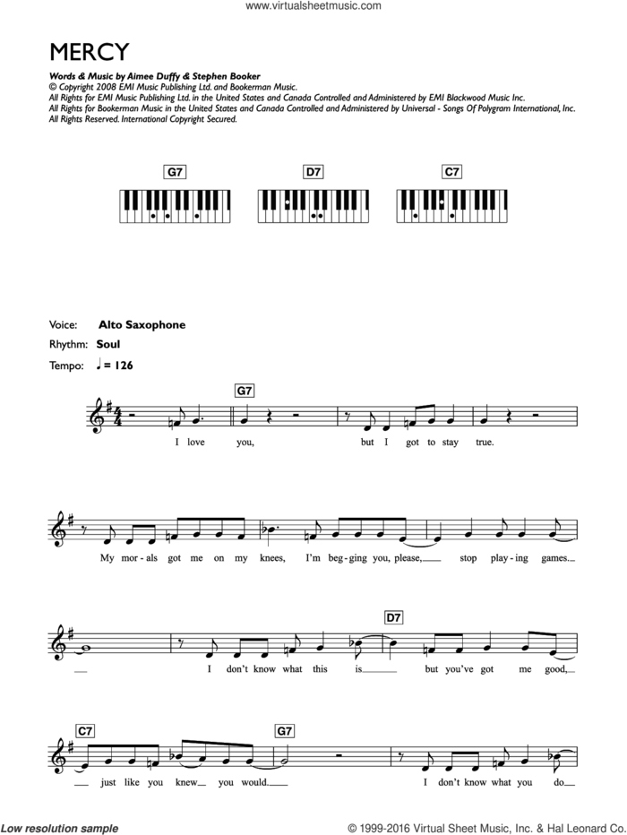 Mercy sheet music for piano solo (chords, lyrics, melody) by Duffy, Aimee Duffy and Steve Booker, intermediate piano (chords, lyrics, melody)