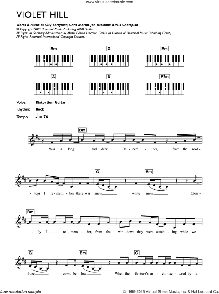 Violet Hill sheet music for piano solo (chords, lyrics, melody) by Coldplay, Chris Martin, Guy Berryman, Jonny Buckland and Will Champion, intermediate piano (chords, lyrics, melody)