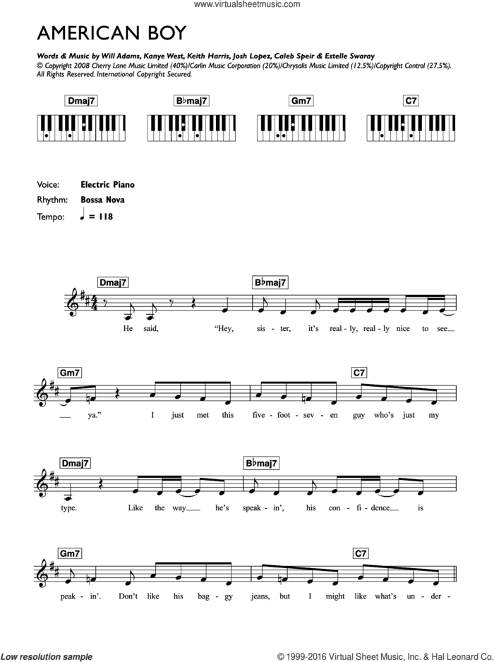 American Boy (featuring Kanye West) sheet music for piano solo (chords, lyrics, melody) by Estelle, Caleb Speir, Estelle Swaray, Josh Lopez, Kanye West, Keith Harris and Will Adams, intermediate piano (chords, lyrics, melody)