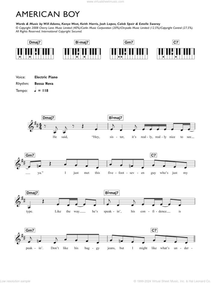 American Boy (featuring Kanye West) sheet music for piano solo (chords, lyrics, melody) by Estelle, Caleb Speir, Estelle Swaray, Josh Lopez, Kanye West, Keith Harris and Will Adams, intermediate piano (chords, lyrics, melody)