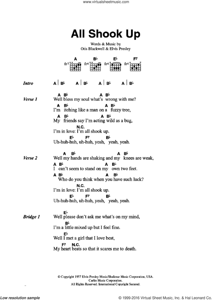 All Shook Up sheet music for guitar (chords) by Elvis Presley and Otis Blackwell, intermediate skill level