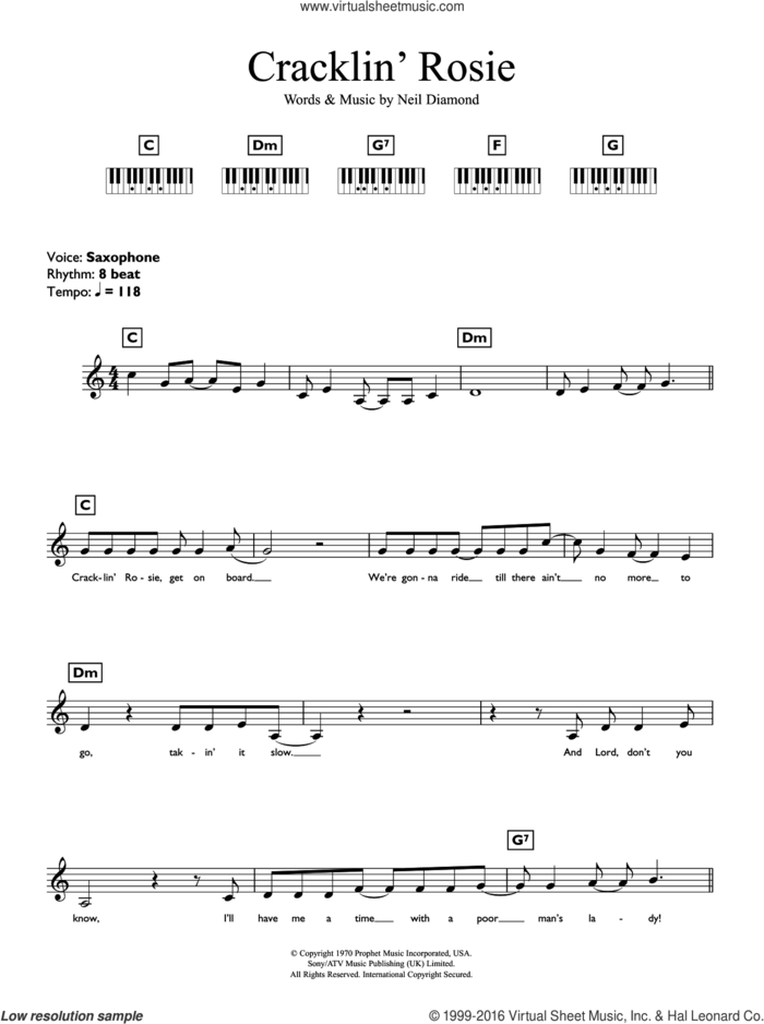 Cracklin' Rosie sheet music for piano solo (chords, lyrics, melody) by Neil Diamond, intermediate piano (chords, lyrics, melody)