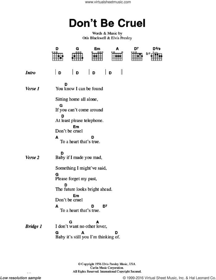Don't Be Cruel sheet music for guitar (chords) by Elvis Presley and Otis Blackwell, intermediate skill level