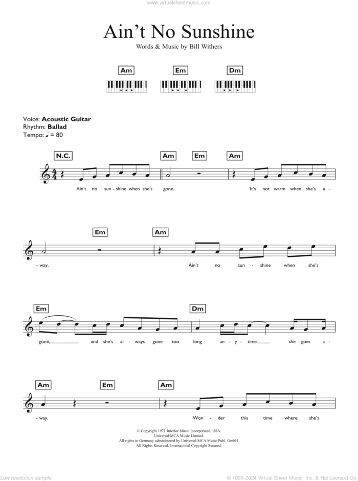 Ain't No Sunshine sheet music for piano solo (chords, lyrics, melody) by Bill Withers, intermediate piano (chords, lyrics, melody)