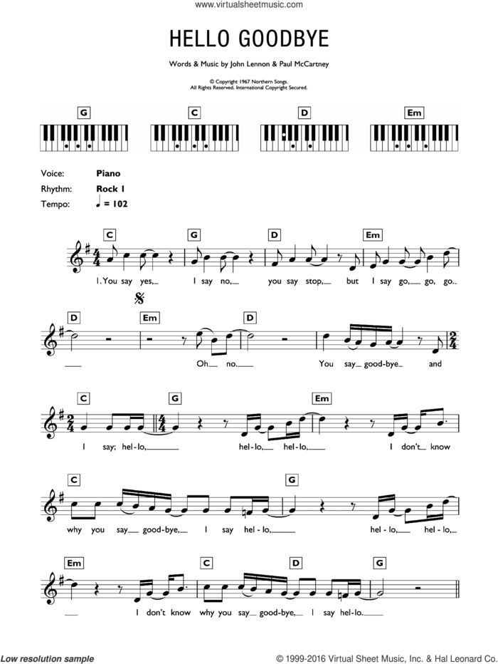 Hello Goodbye sheet music for piano solo (chords, lyrics, melody) by The Beatles, John Lennon and Paul McCartney, intermediate piano (chords, lyrics, melody)