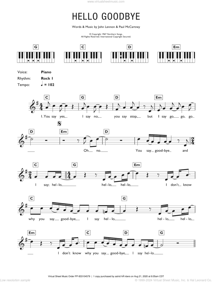 Hello Goodbye sheet music for piano solo (chords, lyrics, melody) by The Beatles, John Lennon and Paul McCartney, intermediate piano (chords, lyrics, melody)