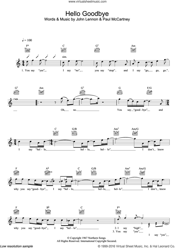 Hello Goodbye sheet music for voice and other instruments (fake book) by The Beatles, John Lennon and Paul McCartney, intermediate skill level