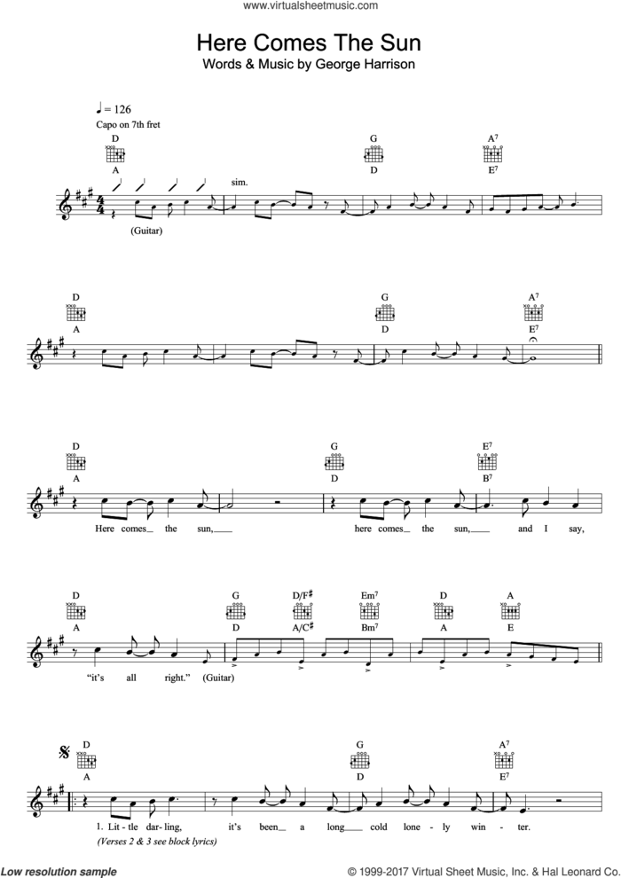 Here Comes The Sun sheet music for voice and other instruments (fake book) by The Beatles and George Harrison, intermediate skill level
