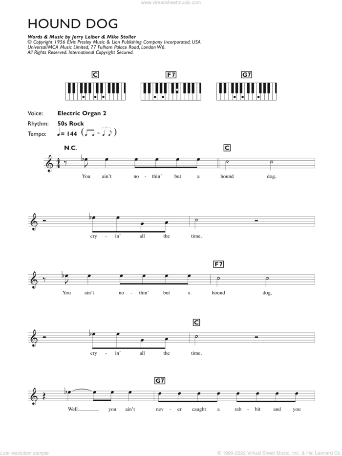 Hound Dog sheet music for piano solo (chords, lyrics, melody) by Elvis Presley, Jerry Leiber and Mike Stoller, intermediate piano (chords, lyrics, melody)