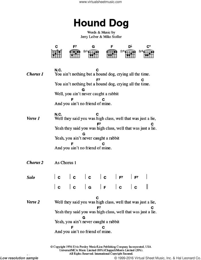 Hound Dog sheet music for guitar (chords) by Elvis Presley, Big Mama Thornton, Jerry Leiber and Mike Stoller, intermediate skill level