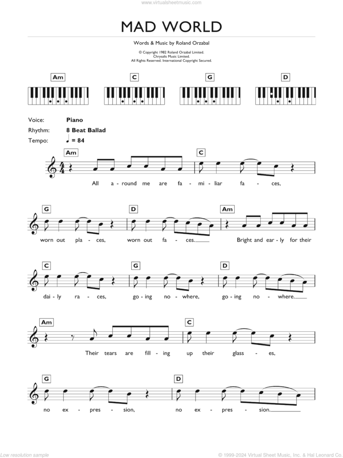 Mad World (from Donnie Darko) sheet music for piano solo (chords, lyrics, melody) by Gary Jules, Michael Andrews and Roland Orzabal, intermediate piano (chords, lyrics, melody)