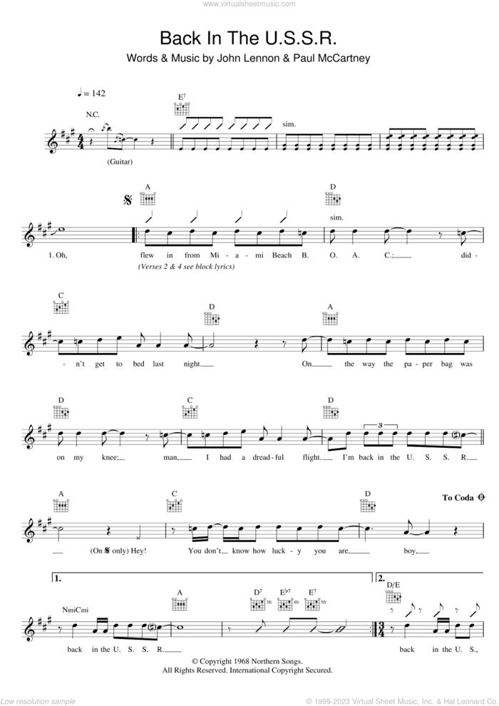 Back In The U.S.S.R. sheet music for voice and other instruments (fake book) by The Beatles, John Lennon and Paul McCartney, intermediate skill level