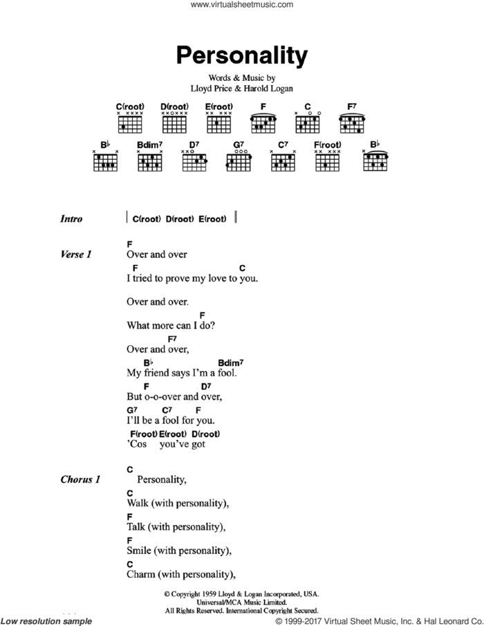 (You've Got) Personality sheet music for guitar (chords) by Lloyd Price and Harold Logan, intermediate skill level