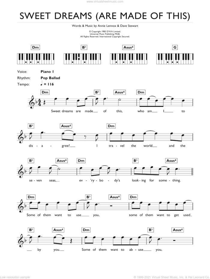 Sweet Dreams (Are Made Of This) sheet music for piano solo (chords, lyrics, melody) by Eurythmics, Annie Lennox and Dave Stewart, intermediate piano (chords, lyrics, melody)
