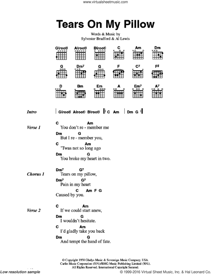Tears On My Pillow sheet music for guitar (chords) by Little Anthony & The Imperials, Al Lewis and Sylvester Bradford, intermediate skill level