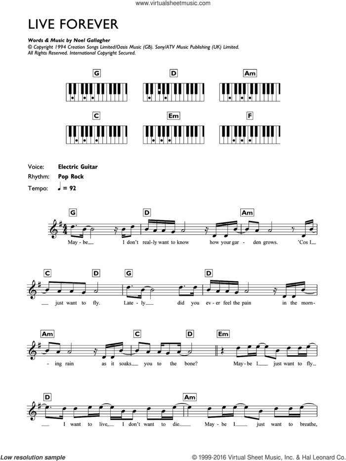 Live Forever sheet music for piano solo (chords, lyrics, melody) by Oasis and Noel Gallagher, intermediate piano (chords, lyrics, melody)