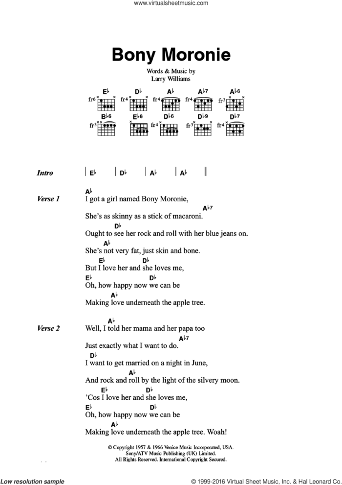 Bony Moronie sheet music for guitar (chords) by Larry Williams, intermediate skill level