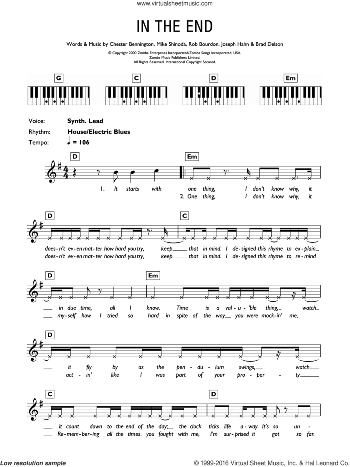 In The End sheet music for piano solo (chords, lyrics, melody) by Linkin Park, Brad Delson, Chester Bennington, Joseph Hahn, Mike Shinoda and Rob Bourdon, intermediate piano (chords, lyrics, melody)