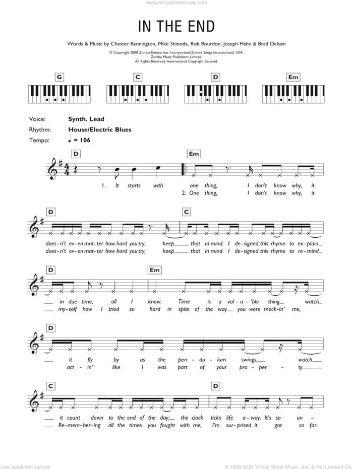 In The End sheet music for piano solo (chords, lyrics, melody) by Linkin Park, Brad Delson, Chester Bennington, Joseph Hahn, Mike Shinoda and Rob Bourdon, intermediate piano (chords, lyrics, melody)