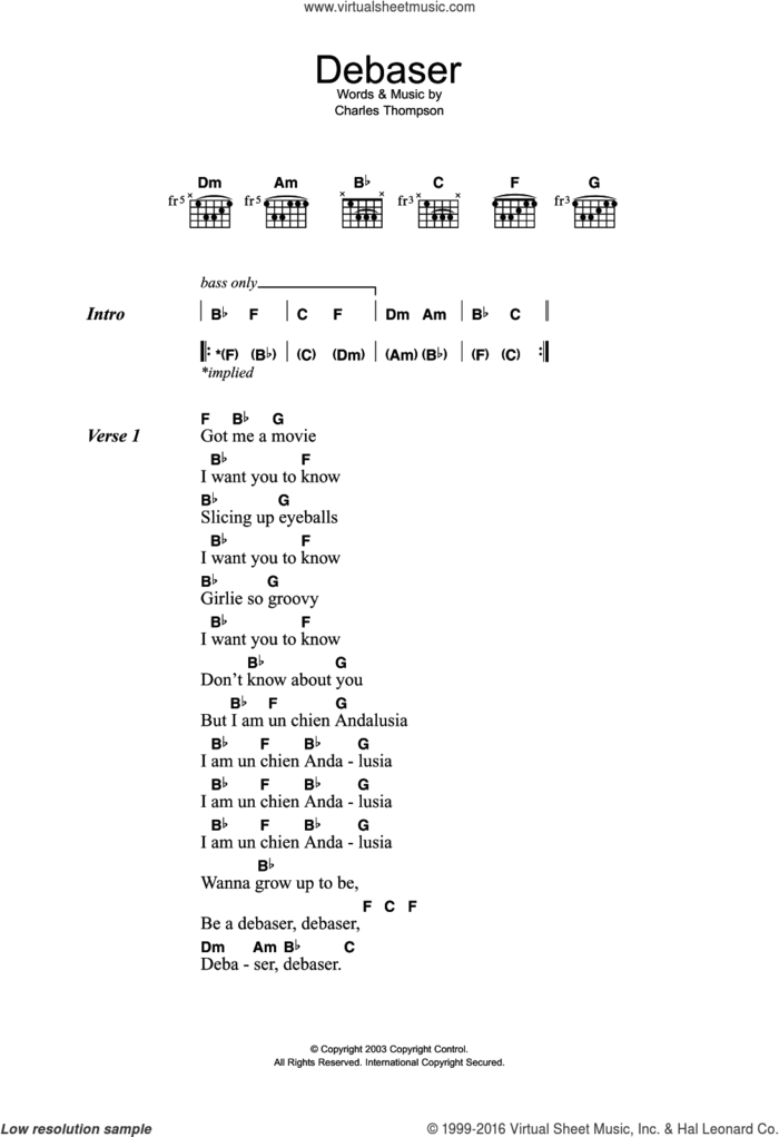 Debaser sheet music for guitar (chords) by The Pixies and Charles Thompson, intermediate skill level