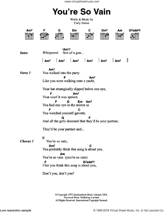 You're So Vain sheet music for guitar (chords) by Carly Simon, intermediate skill level