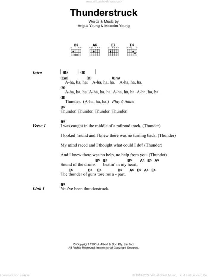 Thunderstruck sheet music for guitar (chords) by AC/DC, Angus Young and Malcolm Young, intermediate skill level