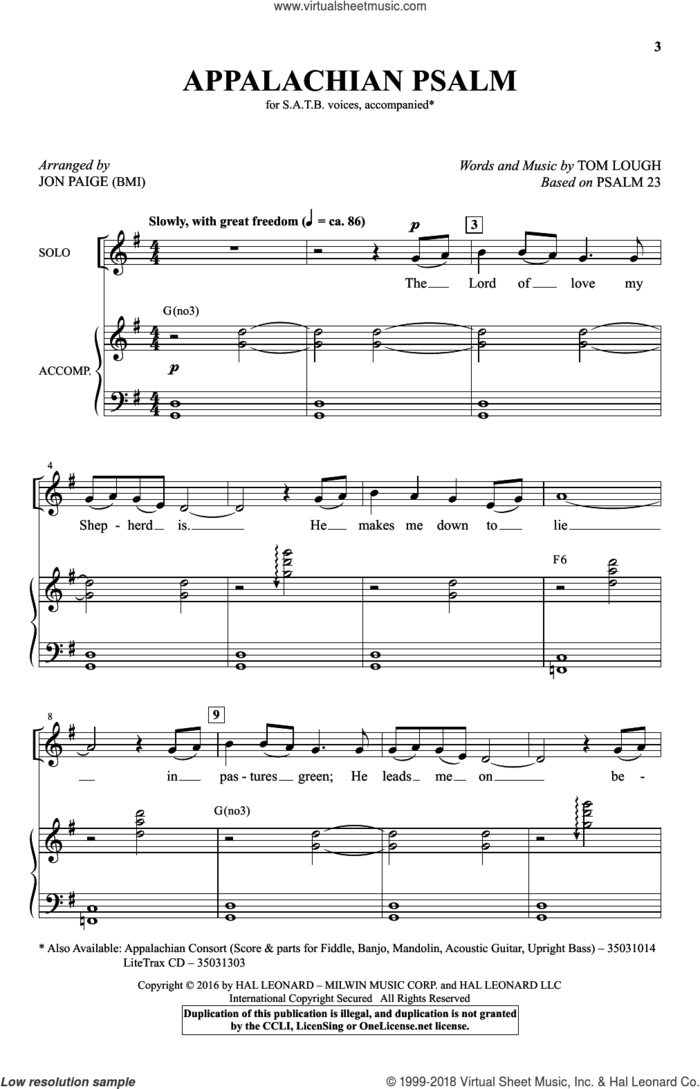 Appalachian Psalm sheet music for choir (SATB: soprano, alto, tenor, bass) by Jon Paige, Psalm 23 and Tom Lough, intermediate skill level