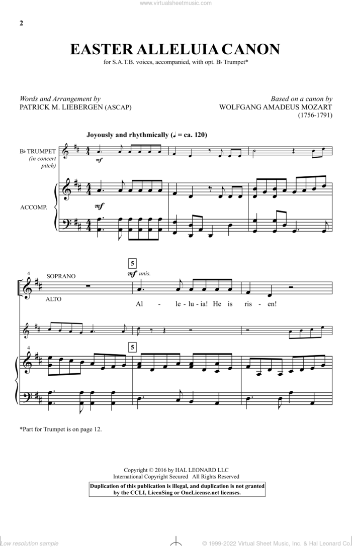 Easter Alleluia Canon sheet music for choir (SATB: soprano, alto, tenor, bass) by Wolfgang Amadeus Mozart and Patrick Liebergen, intermediate skill level