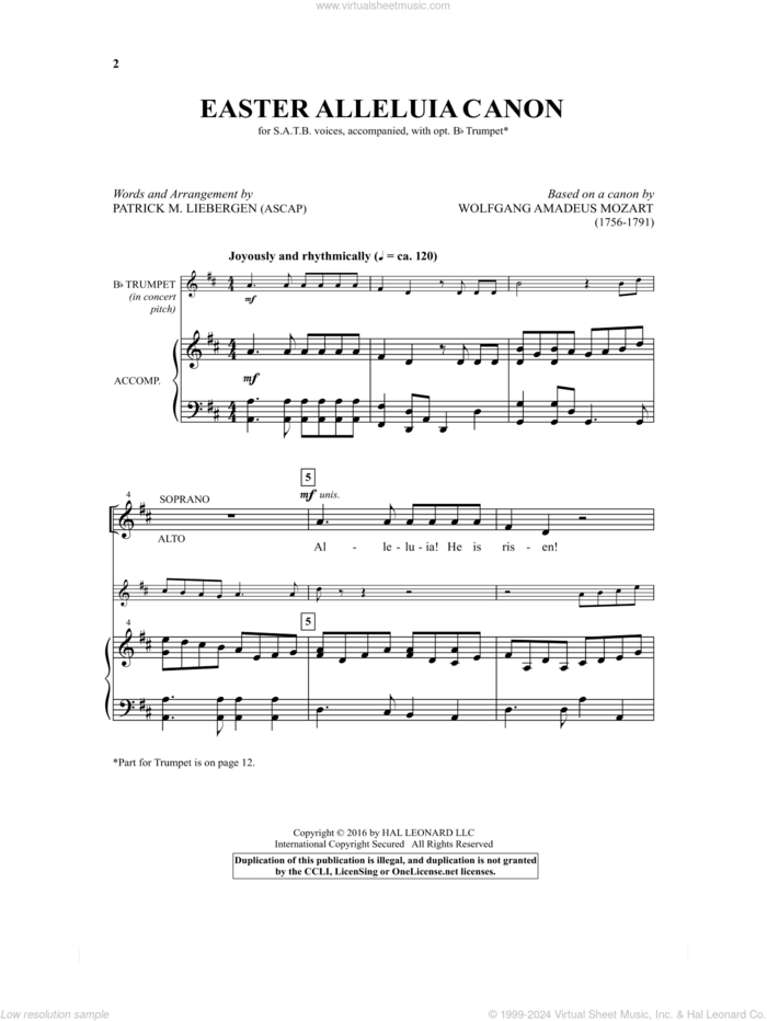 Easter Alleluia Canon sheet music for choir (SATB: soprano, alto, tenor, bass) by Wolfgang Amadeus Mozart and Patrick Liebergen, intermediate skill level