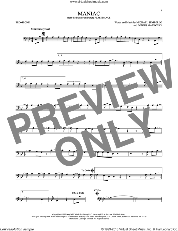 Maniac sheet music for trombone solo by Michael Sembello and Dennis Matkosky, intermediate skill level