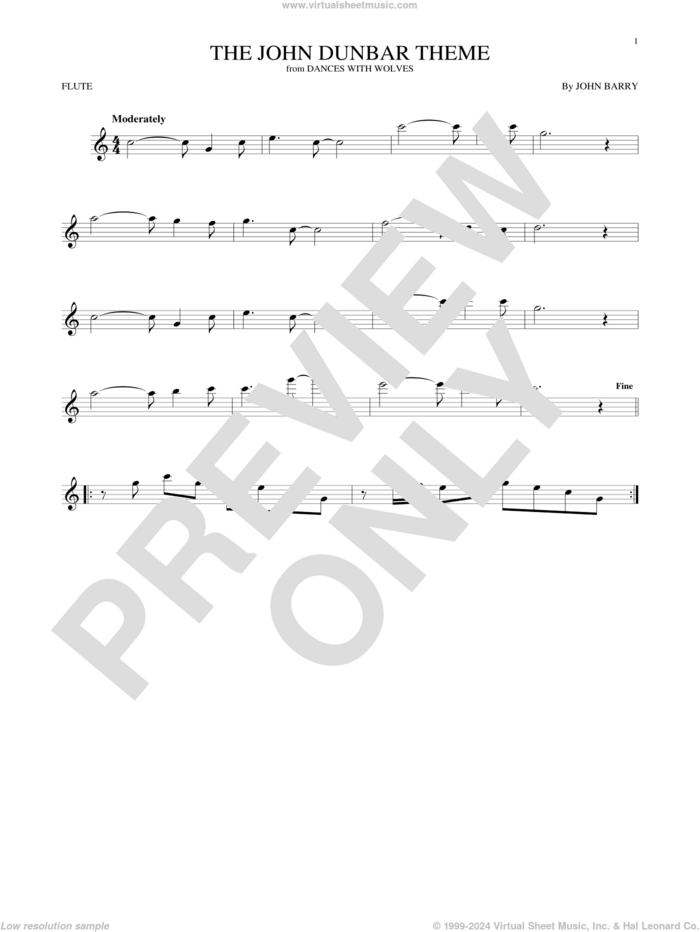 The John Dunbar Theme sheet music for flute solo by John Barry, intermediate skill level