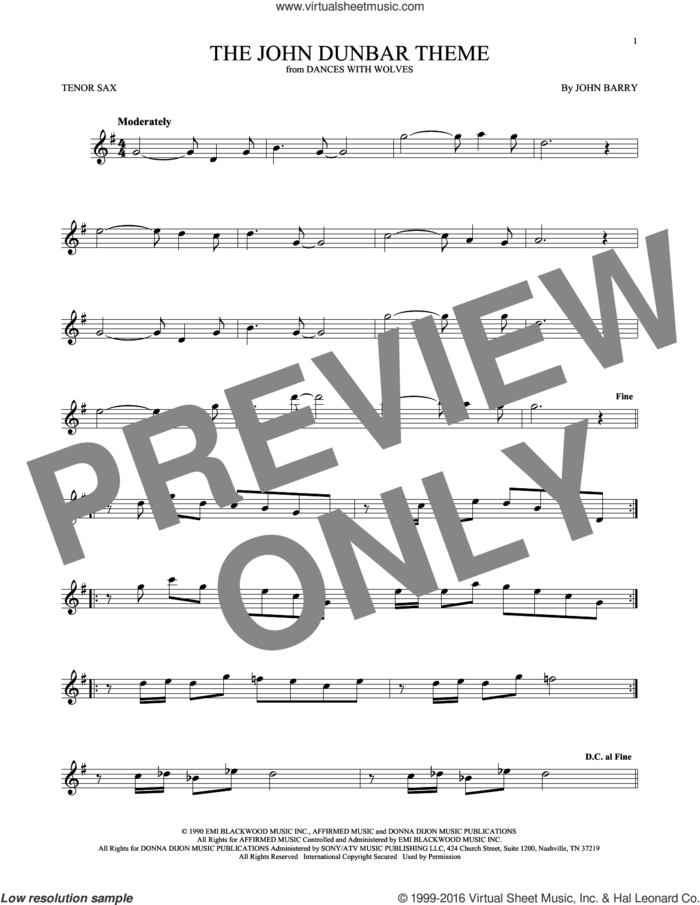 The John Dunbar Theme sheet music for tenor saxophone solo by John Barry, intermediate skill level