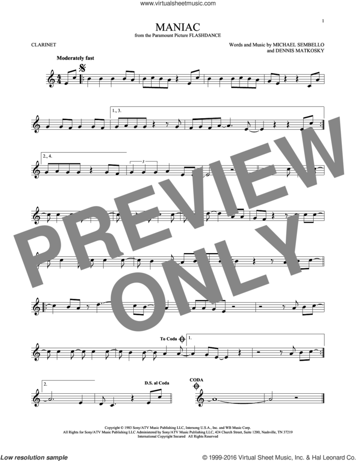 Maniac sheet music for clarinet solo by Michael Sembello and Dennis Matkosky, intermediate skill level