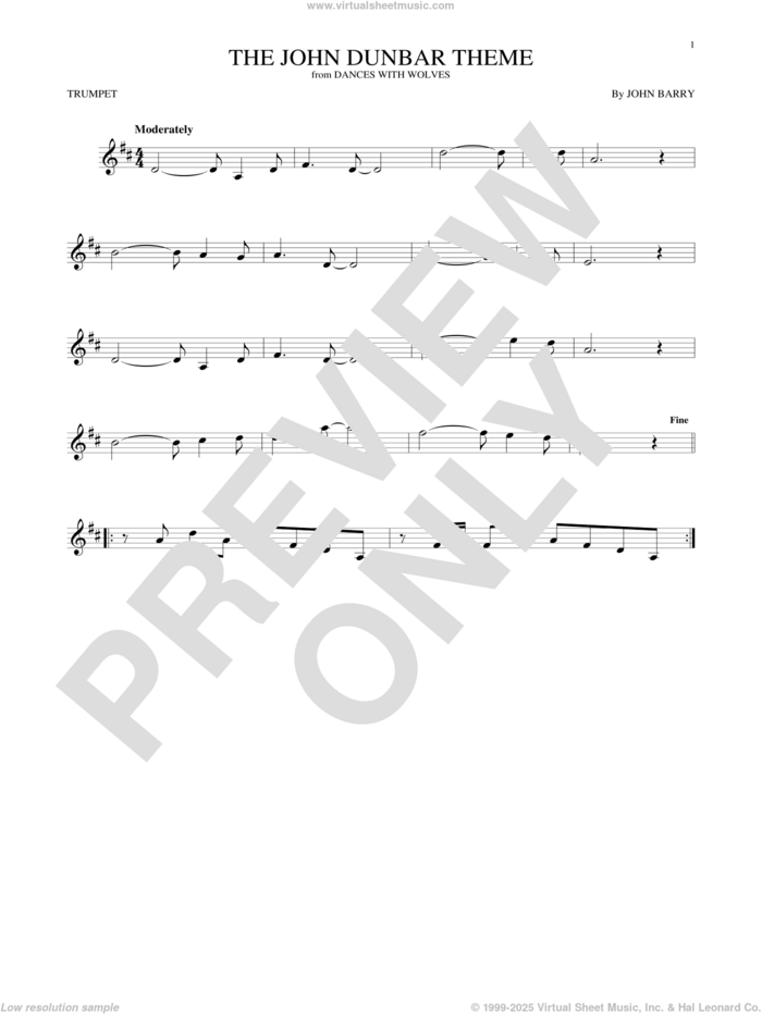 The John Dunbar Theme sheet music for trumpet solo by John Barry, intermediate skill level