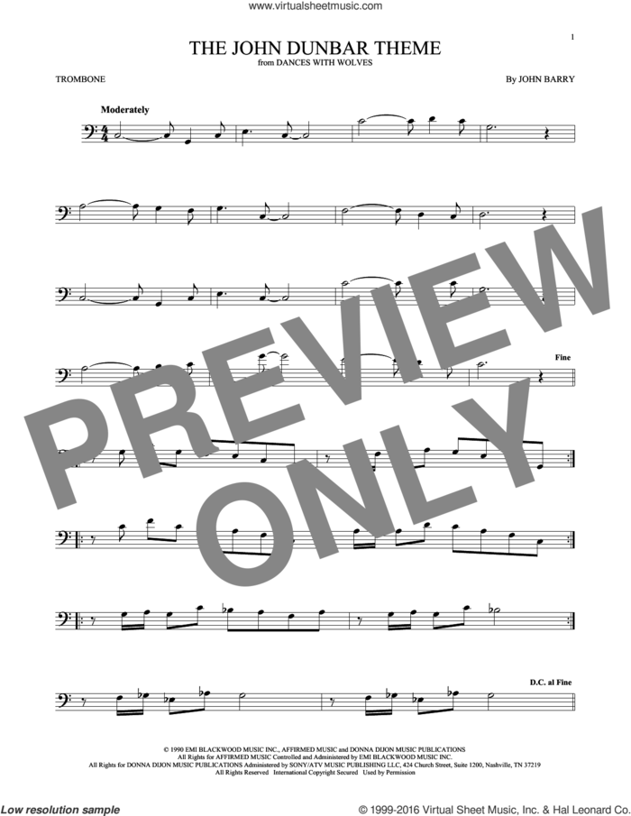 The John Dunbar Theme sheet music for trombone solo by John Barry, intermediate skill level