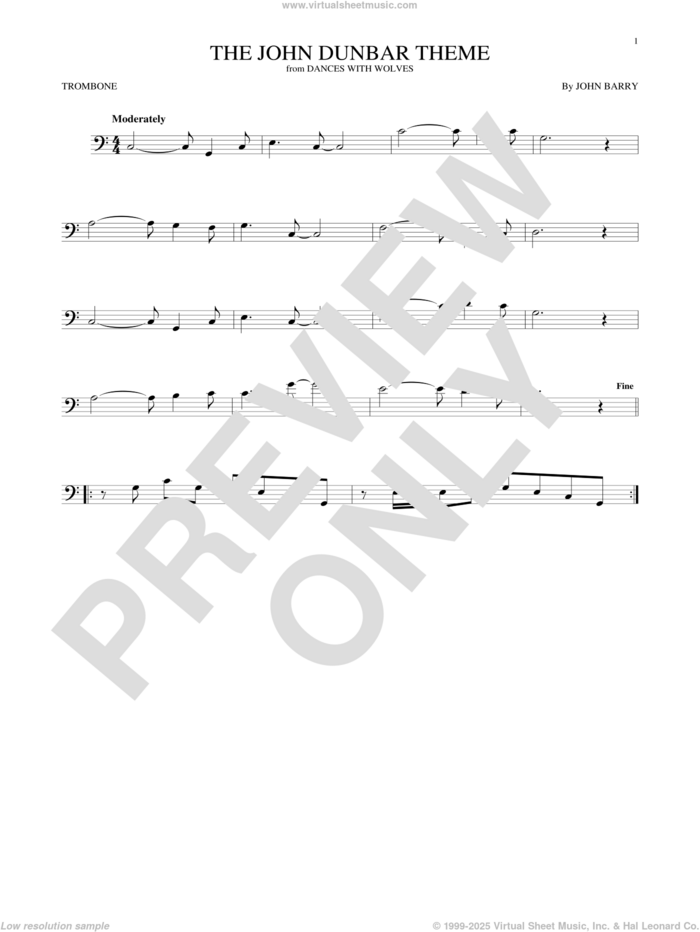 The John Dunbar Theme sheet music for trombone solo by John Barry, intermediate skill level