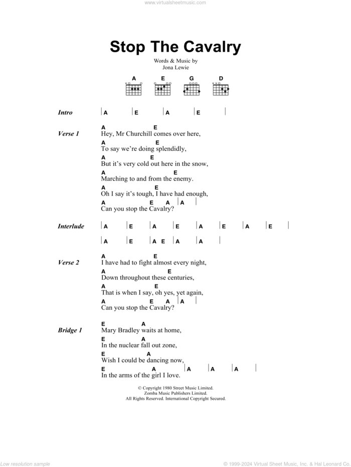 Stop The Cavalry sheet music for guitar (chords) by Jona Lewie, intermediate skill level