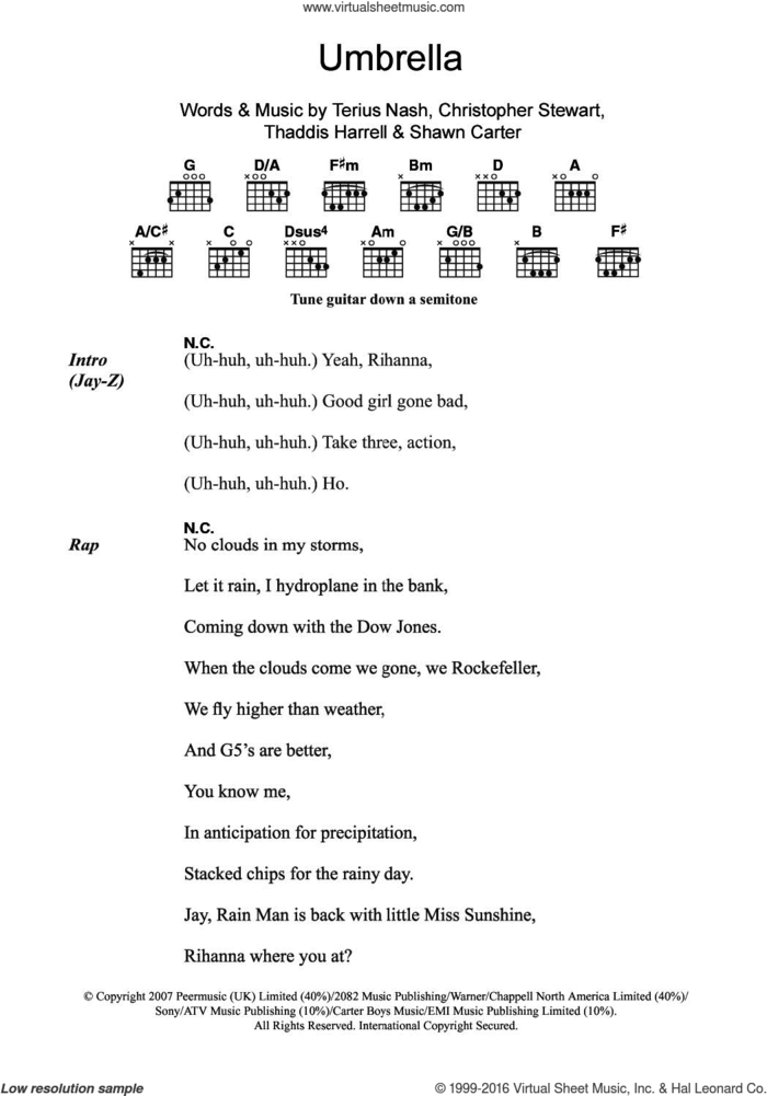 Umbrella sheet music for guitar (chords) by Rihanna, Jay-Z, Rihanna featuring Jay-Z, Christopher Stewart, Shawn Carter, Terius Nash and Thaddis Harrell, intermediate skill level