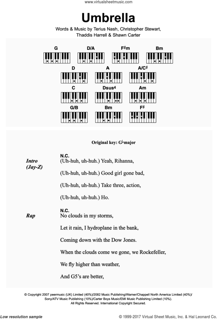Umbrella sheet music for piano solo (chords, lyrics, melody) by Rihanna, Jay-Z, Rihanna featuring Jay-Z, Christopher Stewart, Shawn Carter, Terius Nash and Thaddis Harrell, intermediate piano (chords, lyrics, melody)