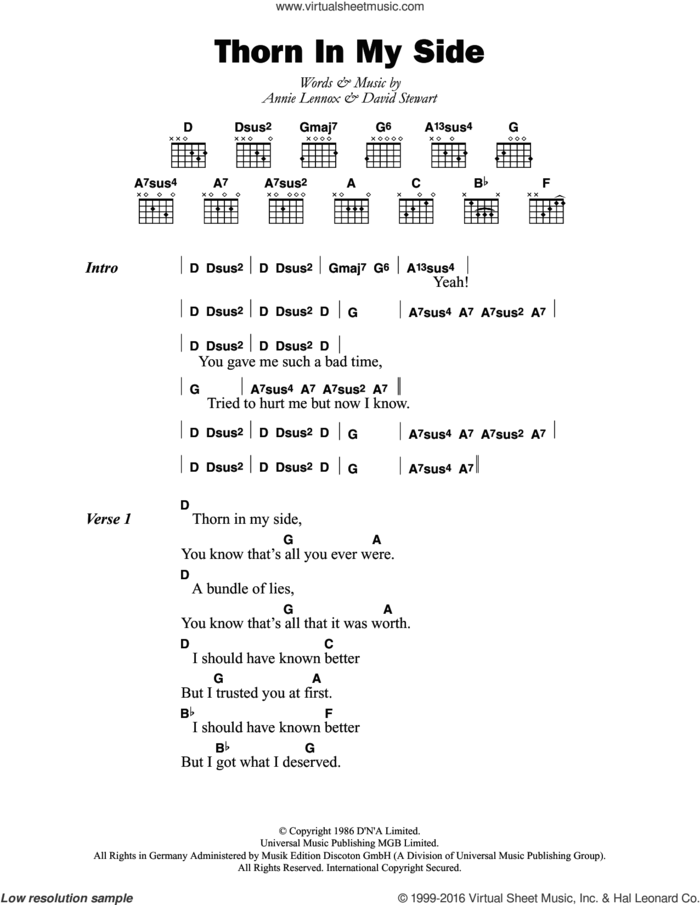 Thorn In My Side sheet music for guitar (chords) by Eurythmics, Annie Lennox and Dave Stewart, intermediate skill level