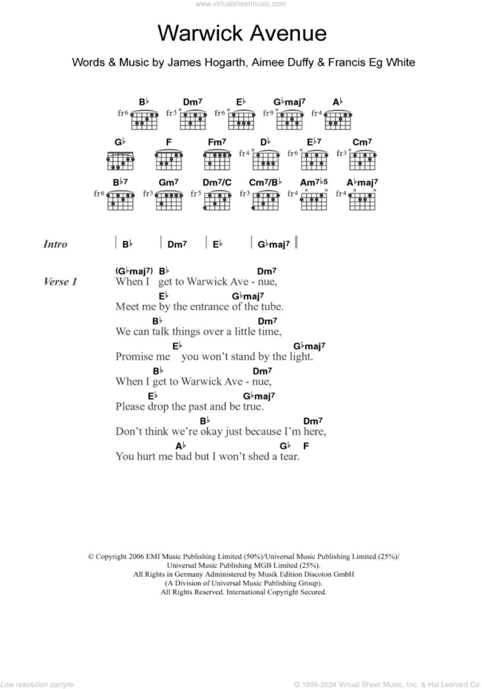 Warwick Avenue sheet music for guitar (chords) by Duffy, Aimee Duffy, Francis White and James Hogarth, intermediate skill level