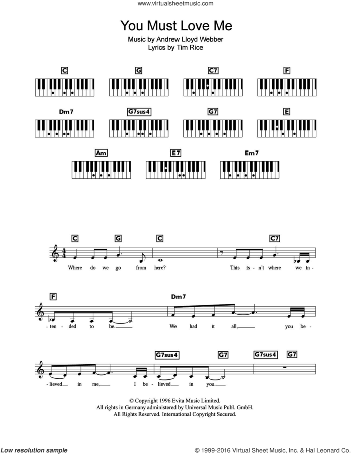 You Must Love Me (from Evita) sheet music for piano solo (chords, lyrics, melody) by Madonna, Andrew Lloyd Webber and Tim Rice, intermediate piano (chords, lyrics, melody)