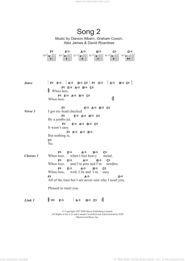 Song 2 sheet music for guitar (chords) by Blur, Alex James, Damon Albarn, David Rowntree and Graham Coxon, intermediate skill level