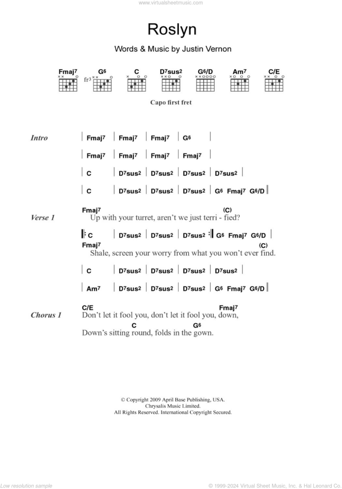 Roslyn sheet music for guitar (chords) by Bon Iver, St. Vincent and Justin Vernon, intermediate skill level