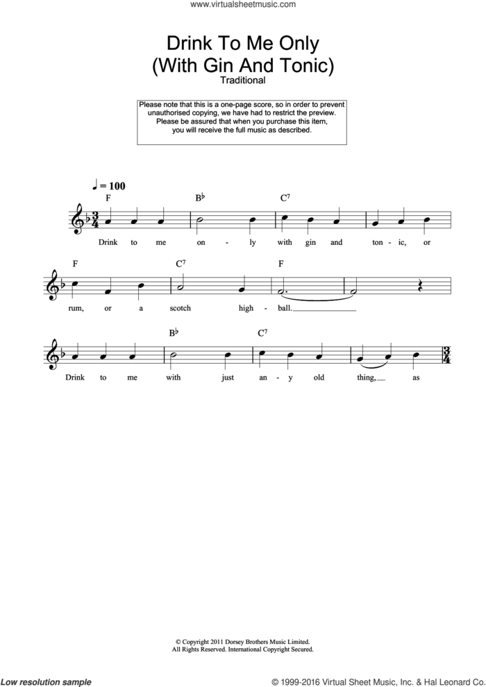 Drink To Me Only (With Gin And Tonic) sheet music for voice and other instruments (fake book), intermediate skill level