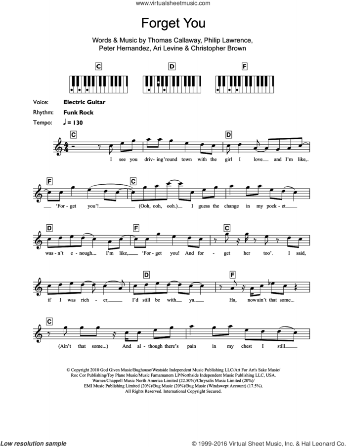 Forget You sheet music for piano solo (chords, lyrics, melody) by Cee Lo Green, Ari Levine, Chris Brown, Peter Hernandez, Philip Lawrence and Thomas Callaway, intermediate piano (chords, lyrics, melody)