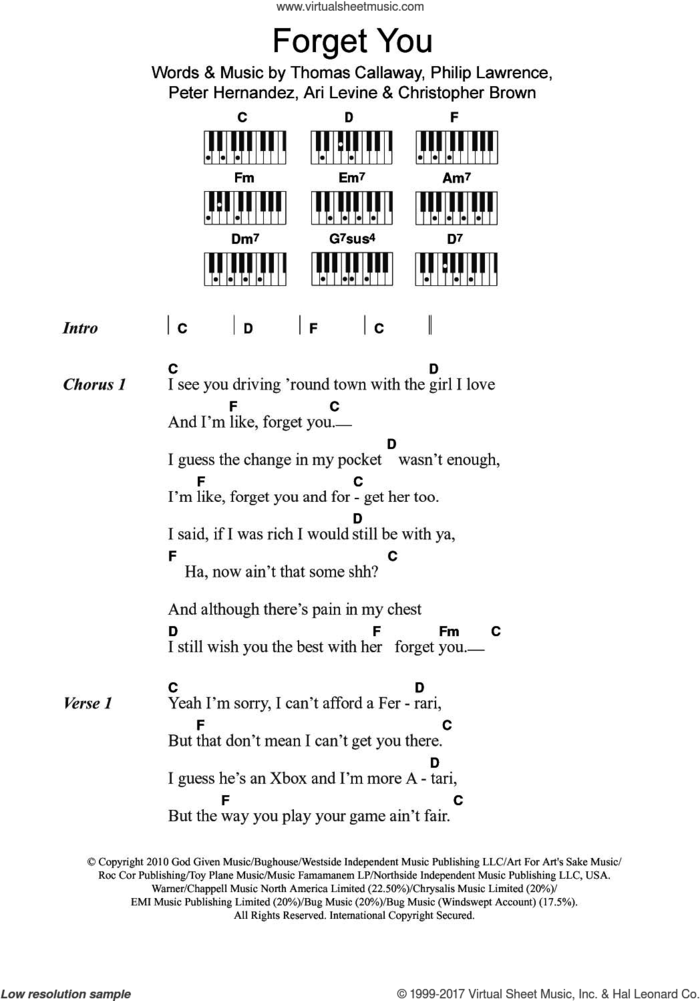 Forget You sheet music for piano solo (chords, lyrics, melody) by Cee Lo Green, Ari Levine, Chris Brown, Peter Hernandez, Philip Lawrence and Thomas Callaway, intermediate piano (chords, lyrics, melody)