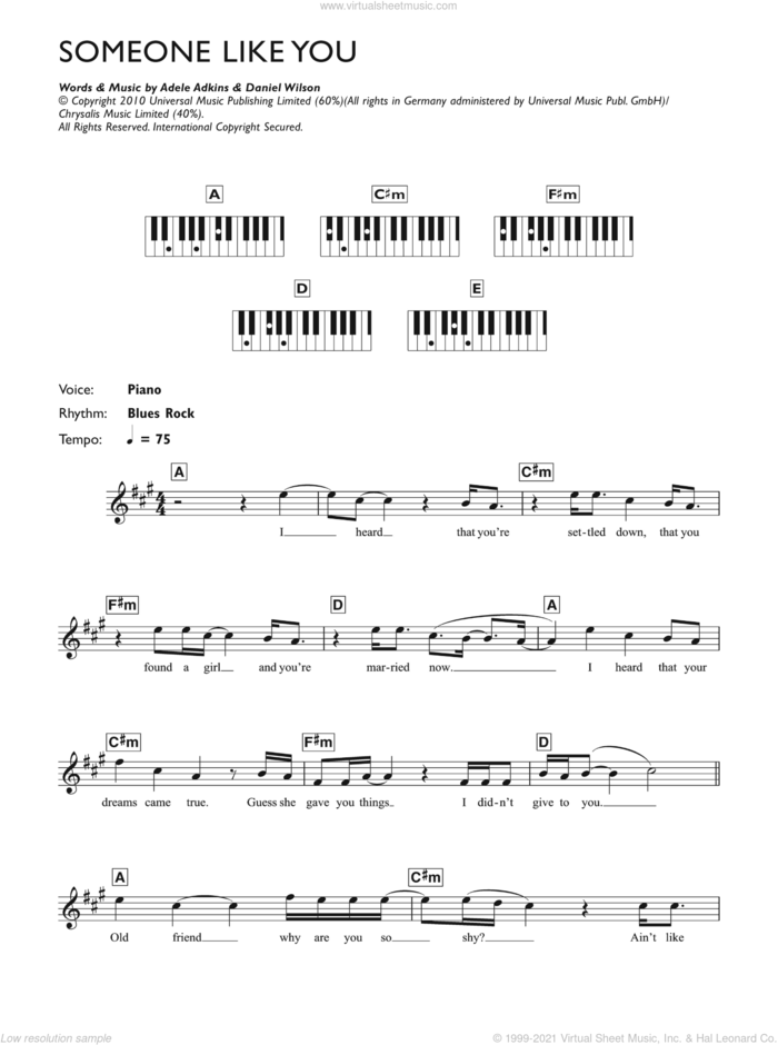 Someone Like You sheet music for piano solo (chords, lyrics, melody) by Adele and Dan Wilson, intermediate piano (chords, lyrics, melody)